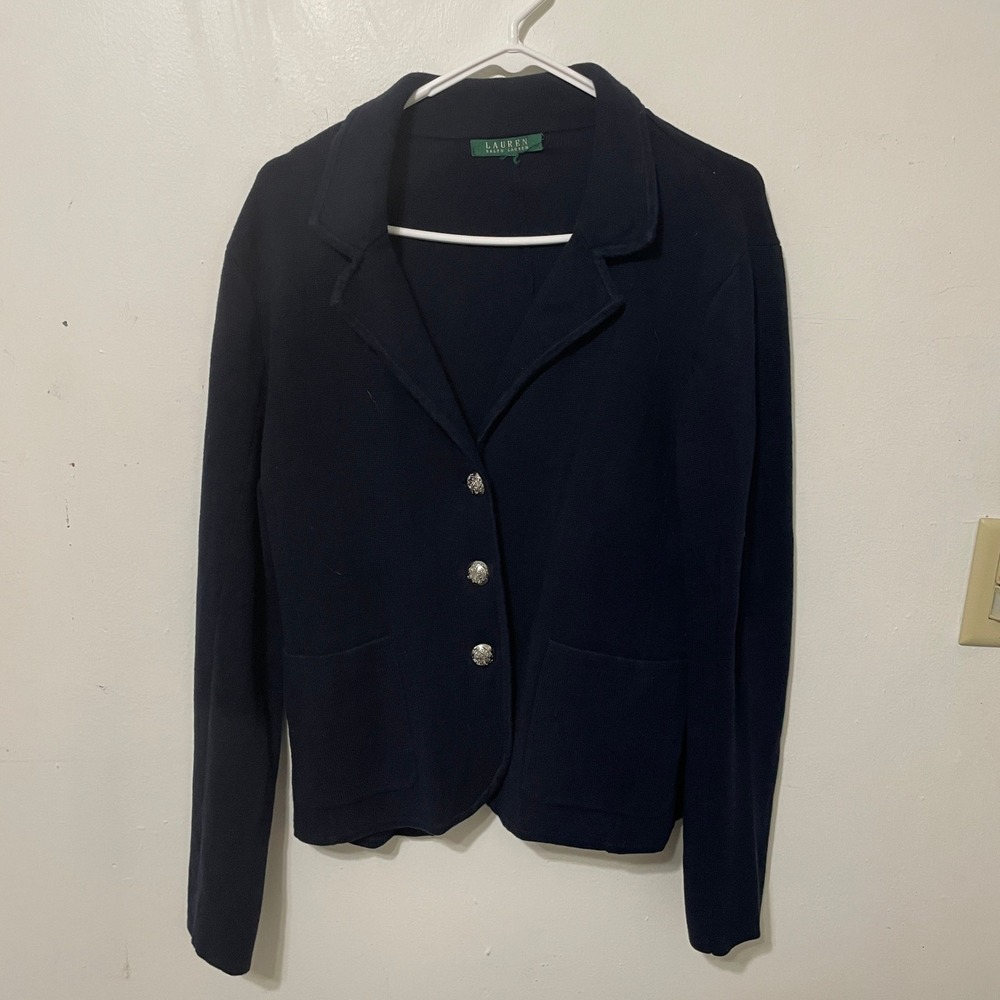 Lauren Ralph Lauren Navy Blue Knit Blazer Silver Crest Button Sweater Jacket M/L